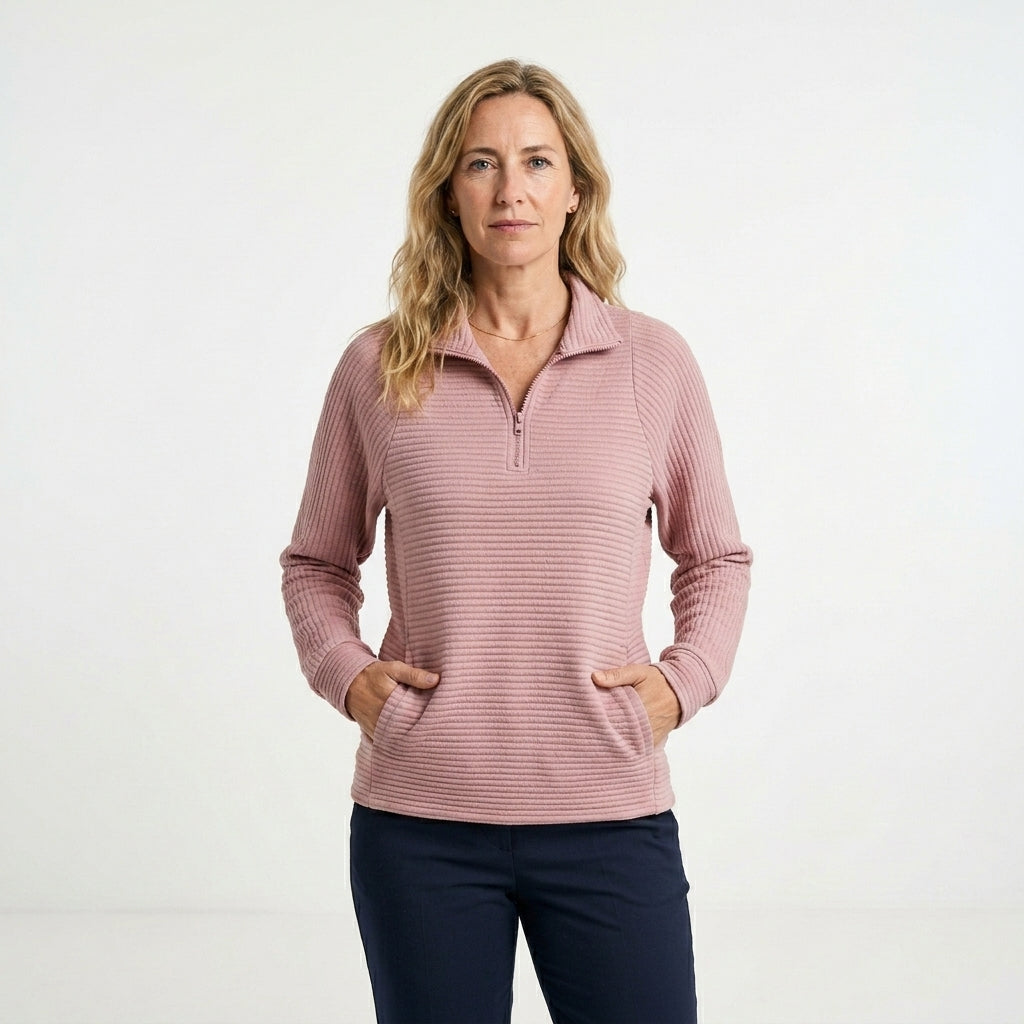Helene Jersey de Cuello en V con Cremallera y Manga Larga
