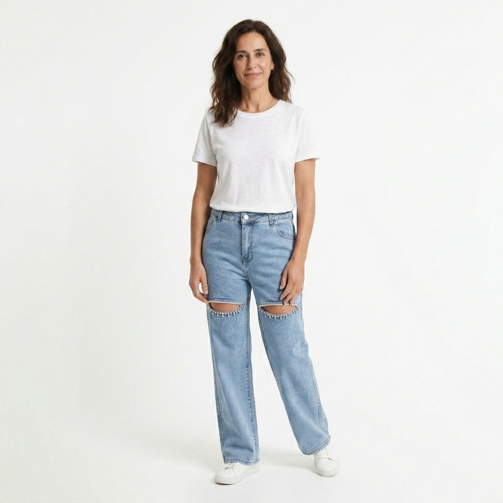 Evian Jeans Ripped Straight-Leg con Rhinestones