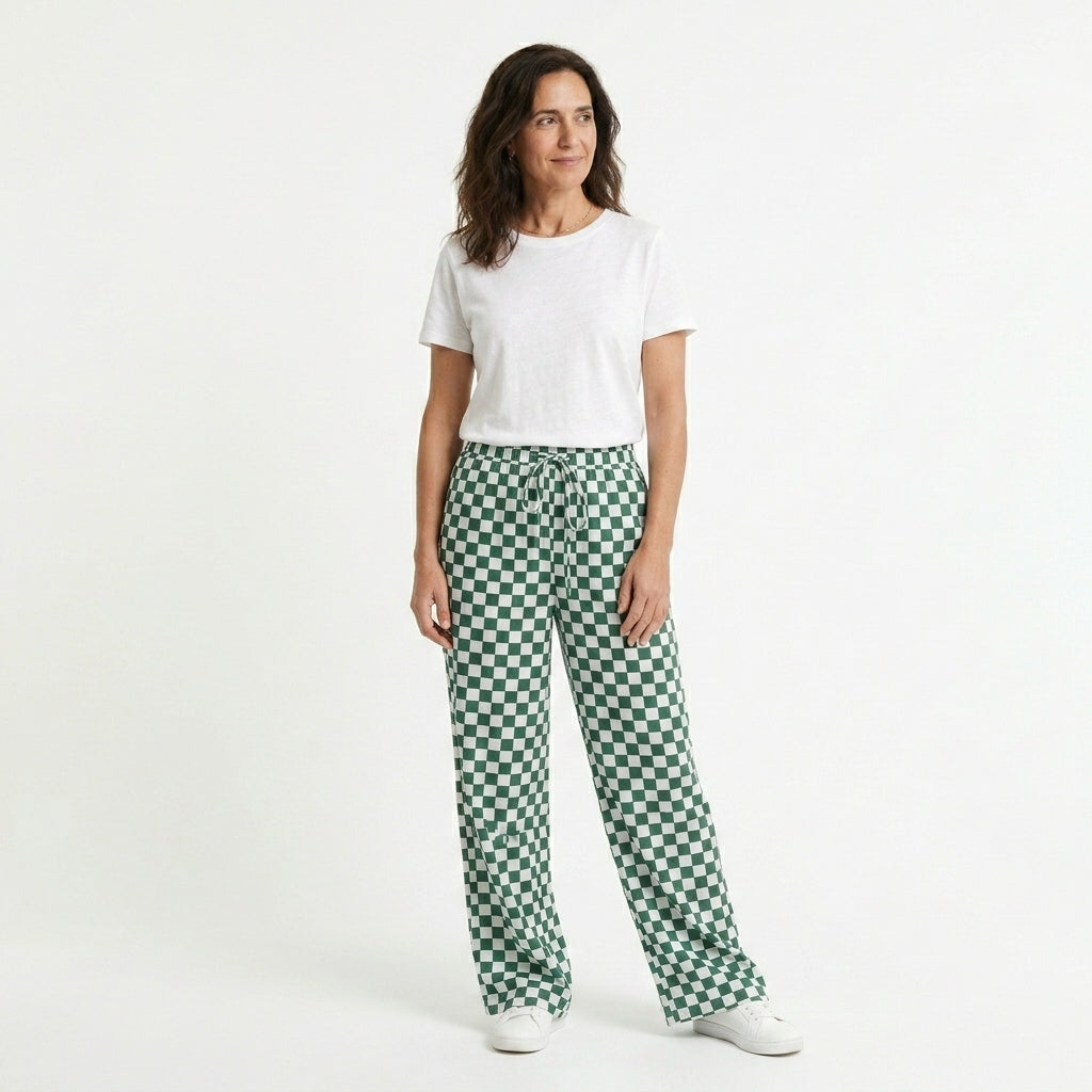Hilaria Pantalones de Pierna Ancha con Estampado a Cuadros