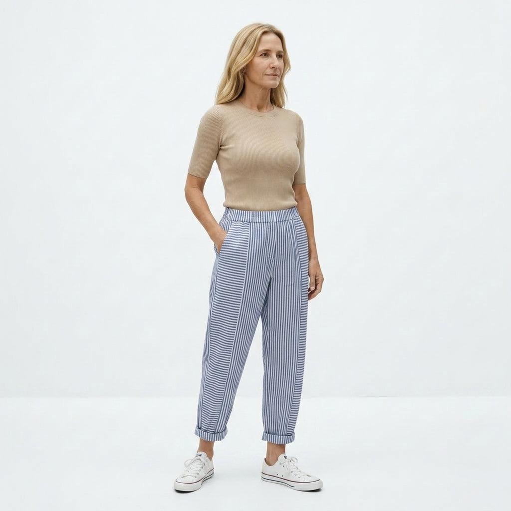 Alba Pantalones de Mezcla de Lino a Rayas