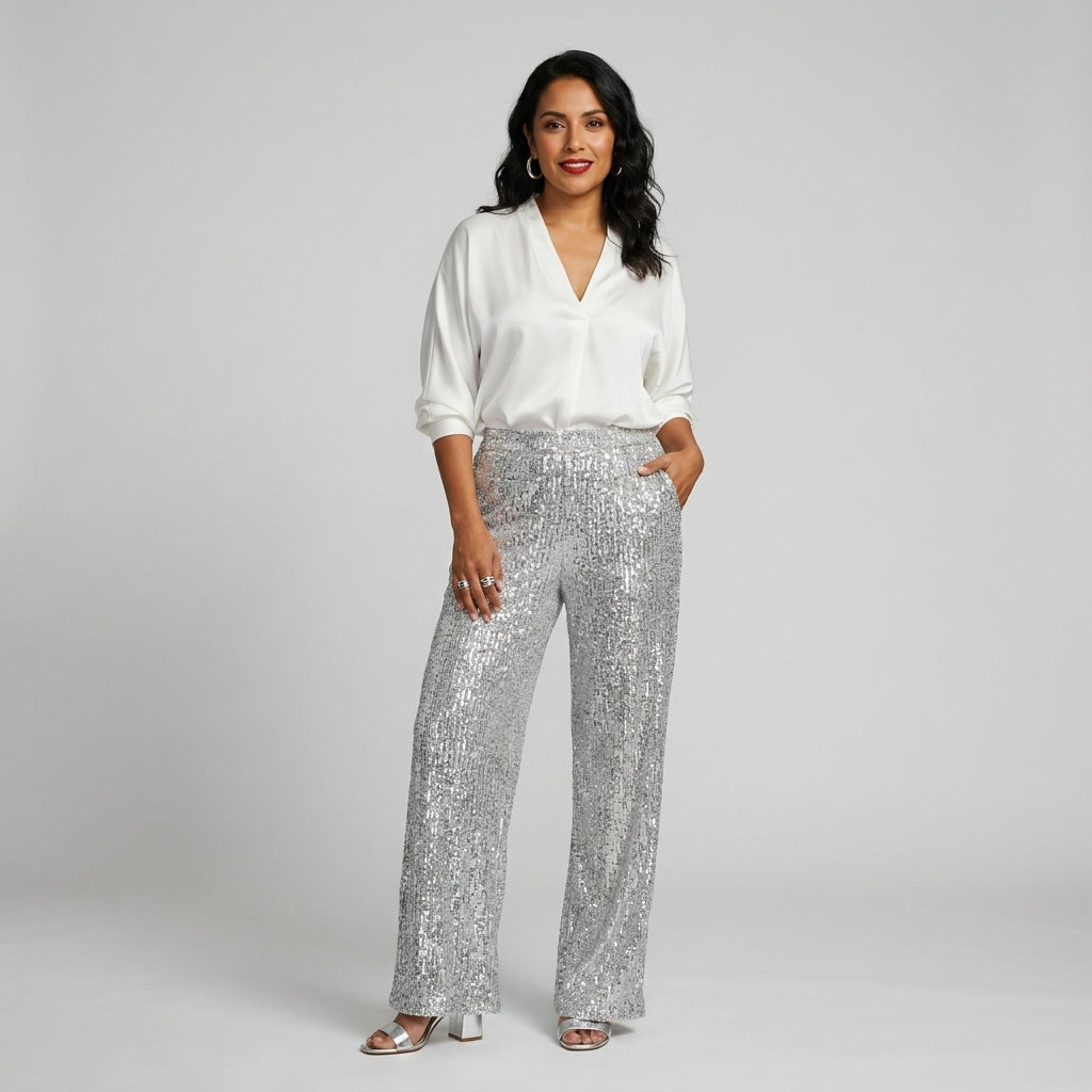 Elva Pantalones de Lentejuelas de Cintura Alta y Corte Holgado