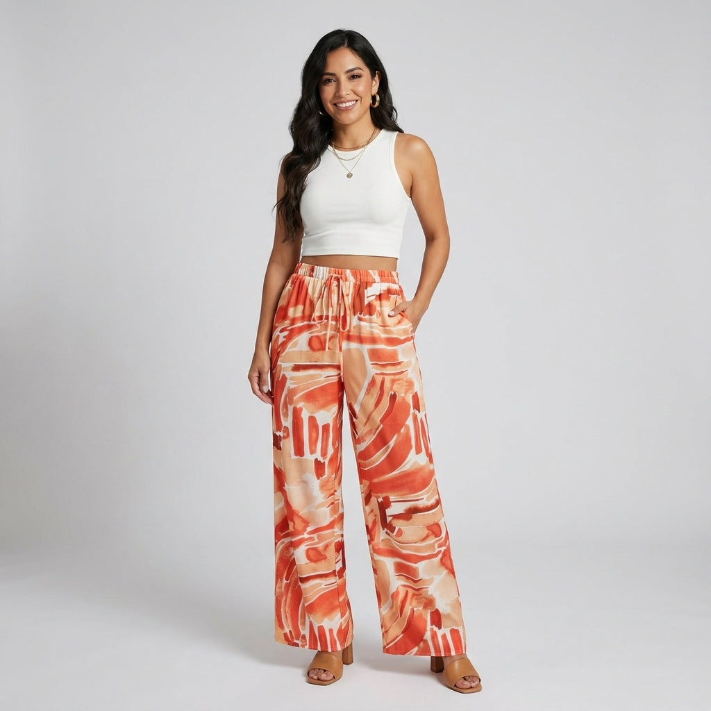 Senda Pantalones de Pierna Ancha con Estampado Abstracto