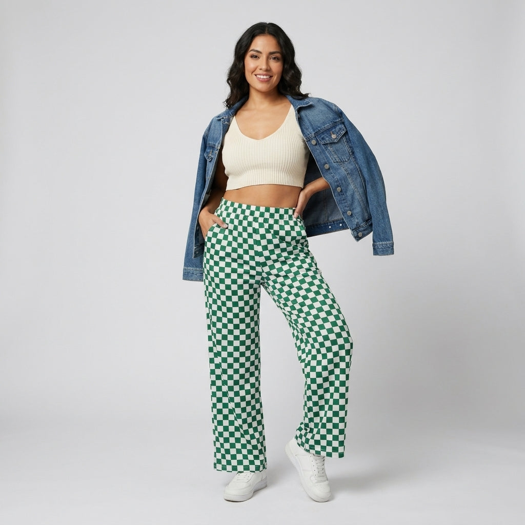 Hilaria Pantalones de Pierna Ancha con Estampado a Cuadros