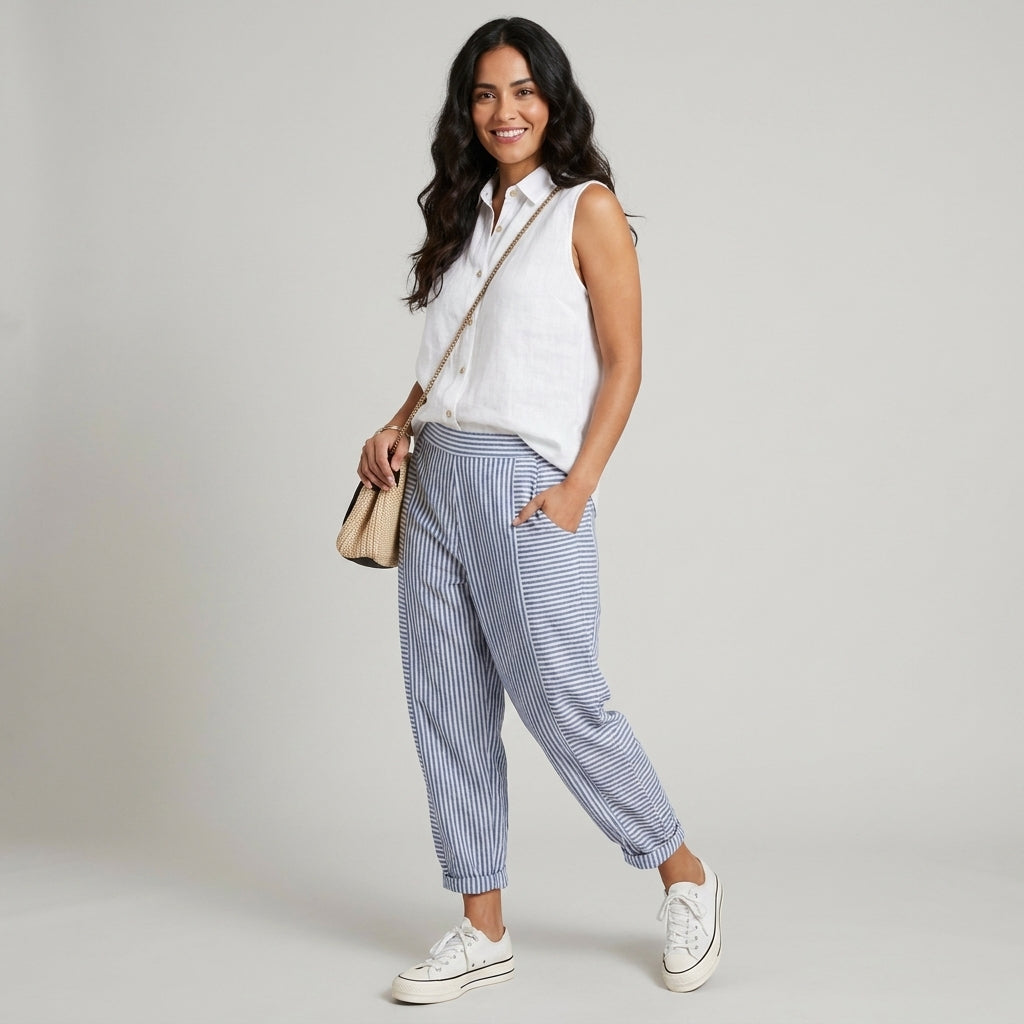 Alba Pantalones de Mezcla de Lino a Rayas