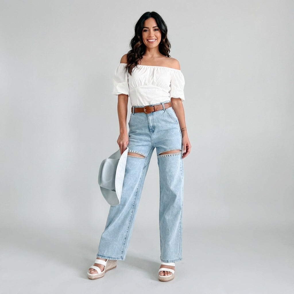 Evian Jeans Ripped Straight-Leg con Rhinestones