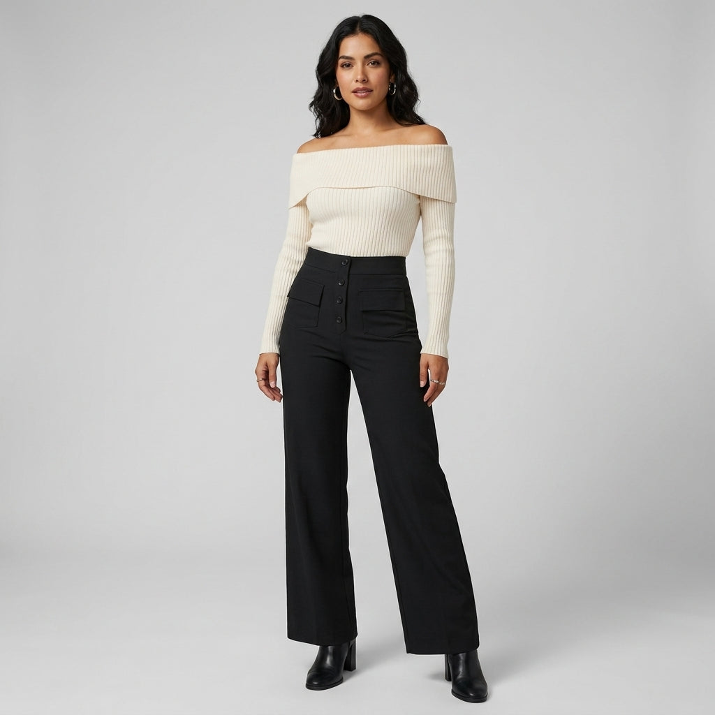 Nova Pantalones Rectos de Cintura Alta y Elasticidad