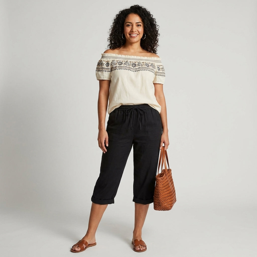 Pantalón culotte en mezcla de lino y algodón