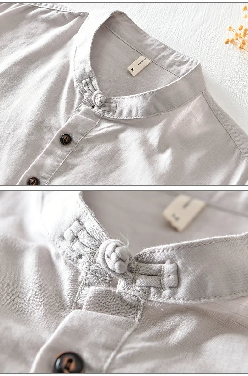 Camisa de algodón y lino de manga corta